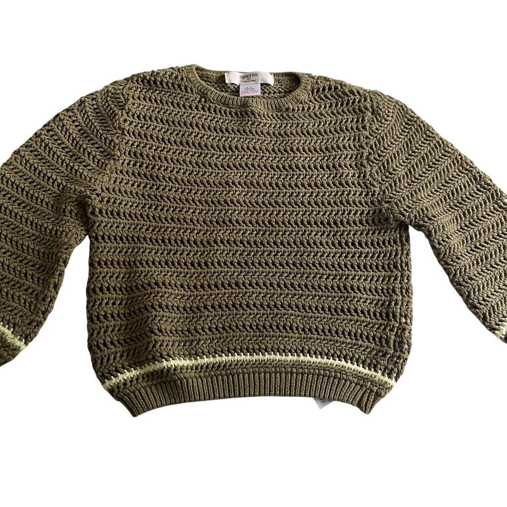 Zara Home Girls Striped Purl Open Knit Sweater - Olive/Tan size 3-4